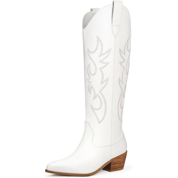 Women's White Cowboy Knee High Tall Boots Chunky Heel Pointed Toe Pull On - Picture 1 of 8
